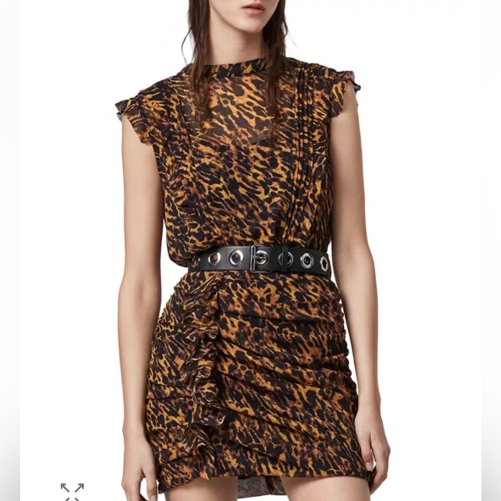AllSaints Hali Leopard-Print Ruffle Mini Dress in Yellow & Black Size 4